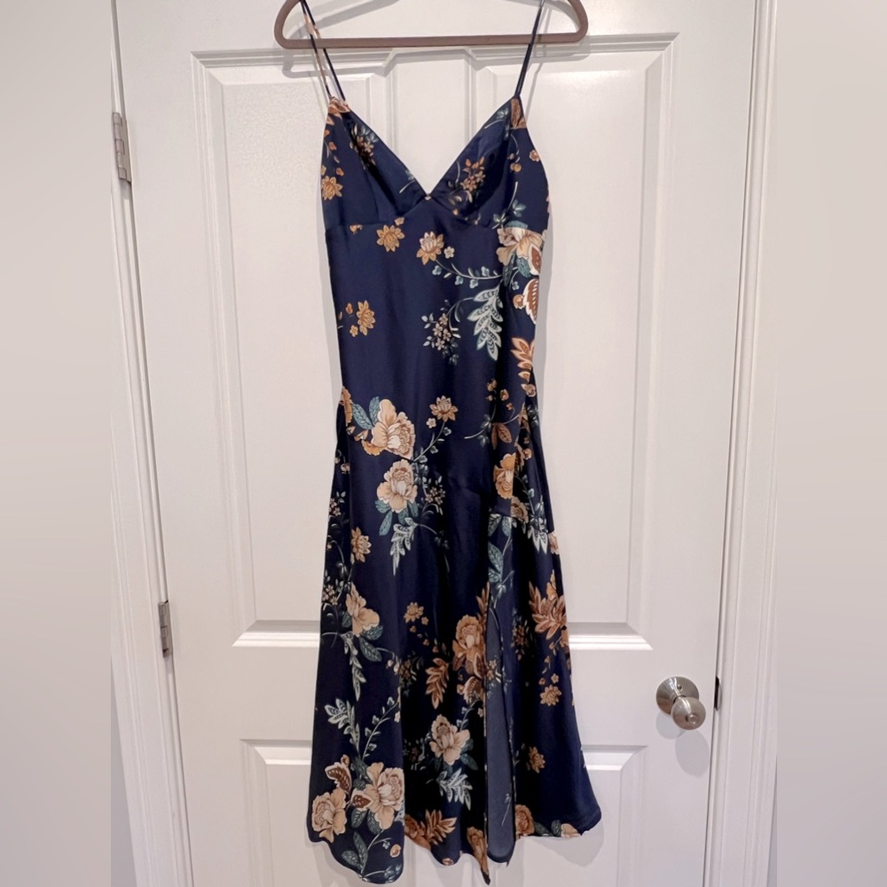 NWT Silky royal blue and rust floral print midi dress, size AU 12/ US L